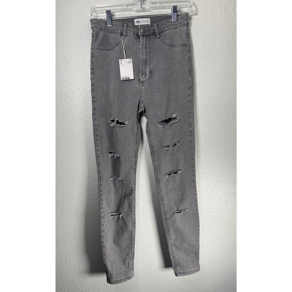 Zara Women's Size 6 High Rise Skinny Ripped Distressed Gray Pants Jeans New